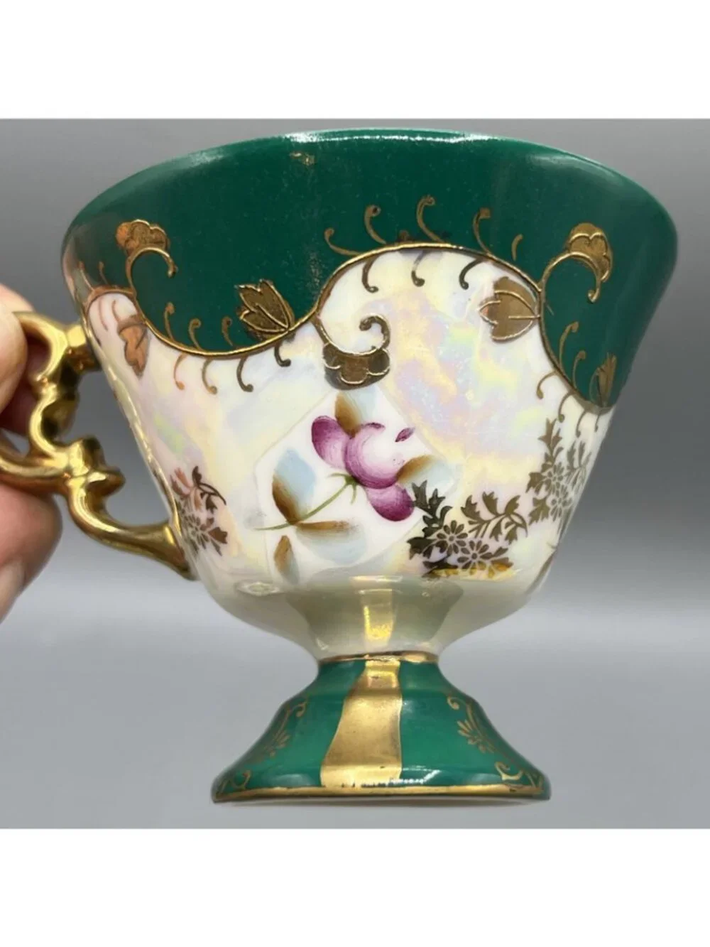 Vtg 50’s Lusterware Tea Cup Saucer Green Gold Trim Masculine Royal Sealy Japan